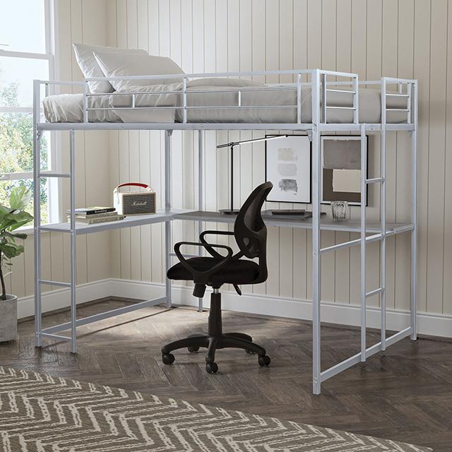 Cybill Full Loft Bed White, Silver, & Black