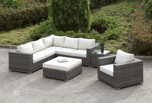 Somani Light Gray Wicker/Ivory Cushion L-Sectional + Chair + Coffee Table + End Table image