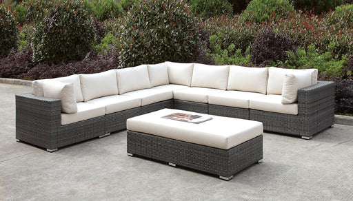 Somani Light Gray Wicker/Ivory Cushion Large L-Sectional + Bench image