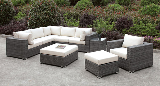 Somani Light Gray Wicker/Ivory Cushion L-Sectional + Chair + 2 Ottomans image