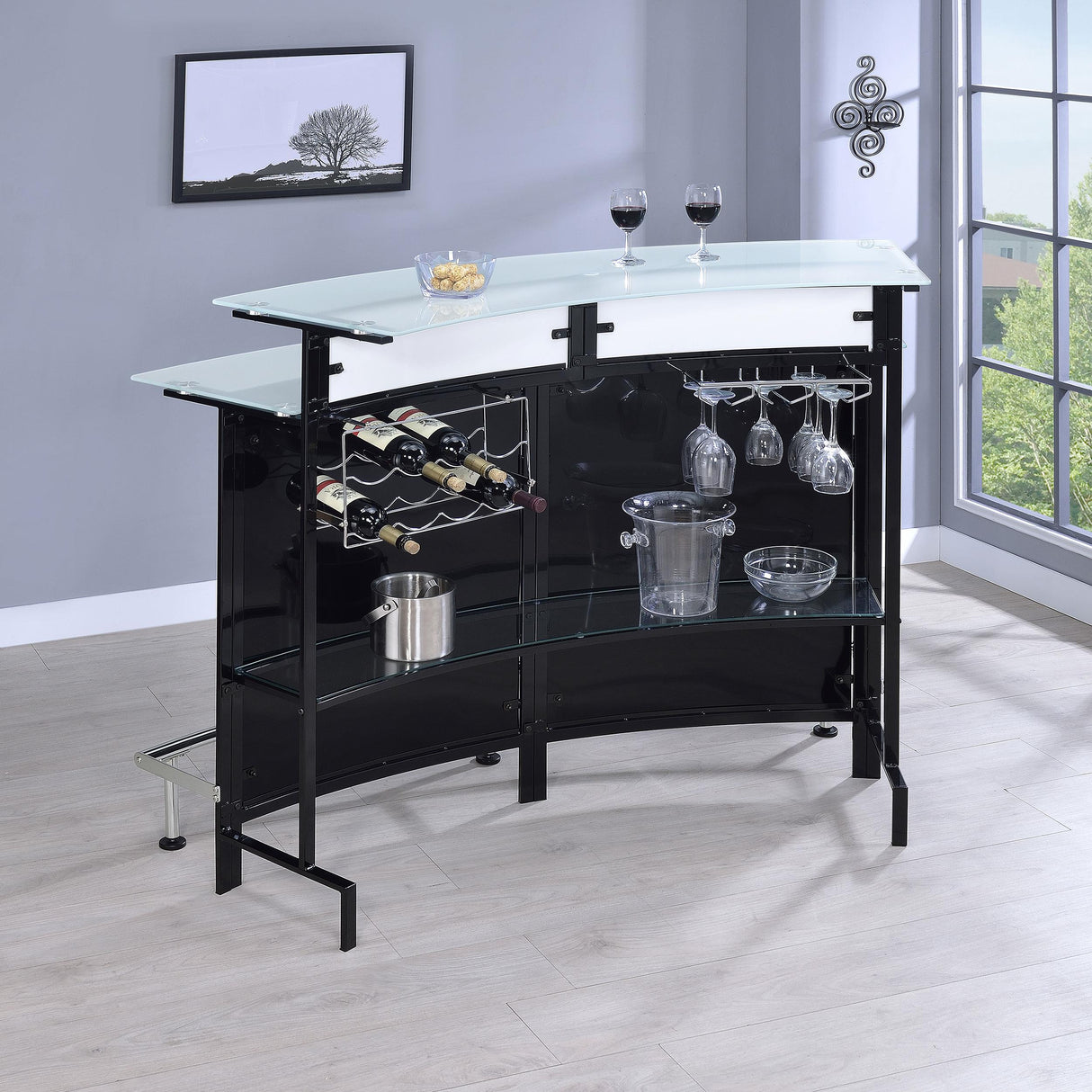  Coaster Furniture Keystone 100139 Curved Glass Top Home Bar Wine Cabinet - Black IMAGE 8
