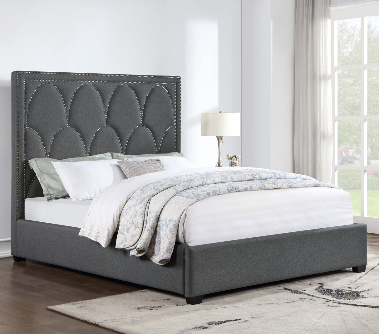 Bowfield Upholstered Bed With Nailhead Trim Charcoal