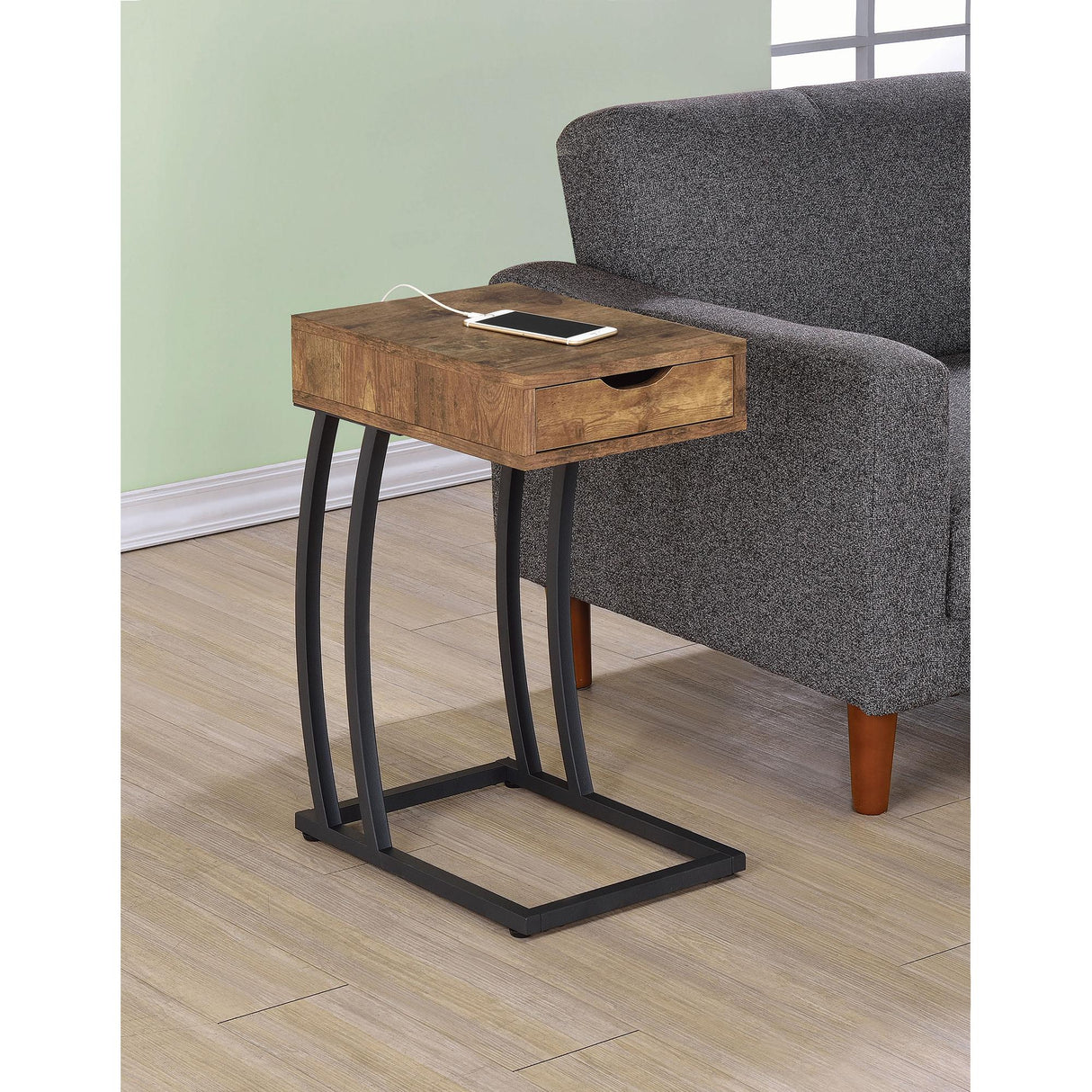  Coaster Furniture Troy 900577 1-Drawer C-Shaped Side Table Power Outlet - Rustic Nutmeg IMAGE 1