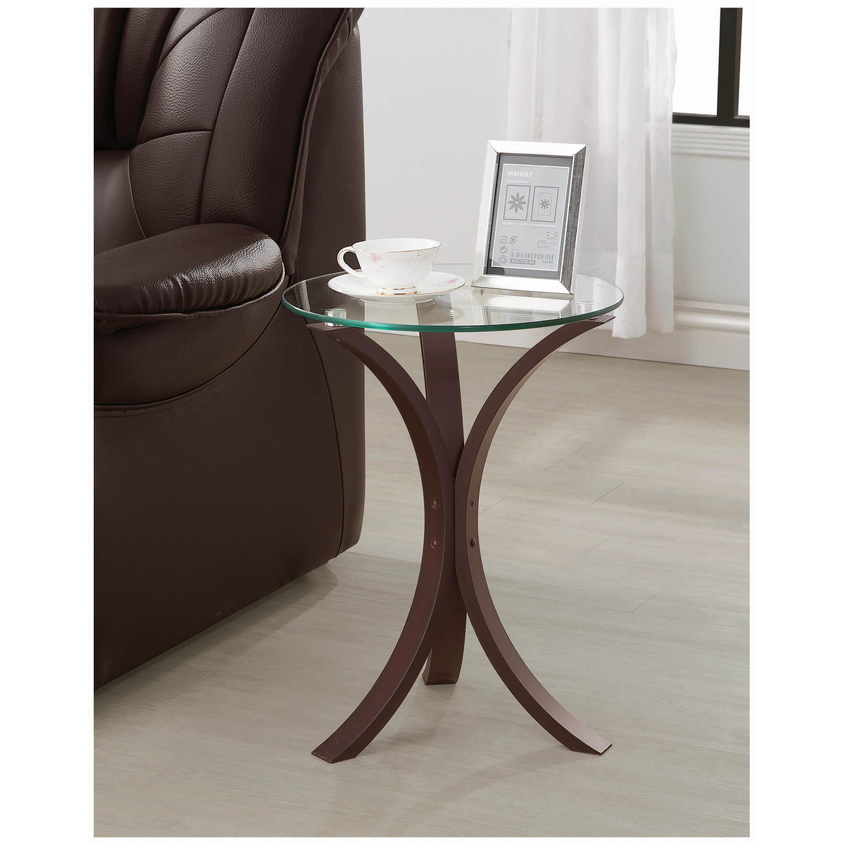  Coaster Furniture Edgar 902867 Round Glass Top Accent Side Table - Cappuccino IMAGE 2