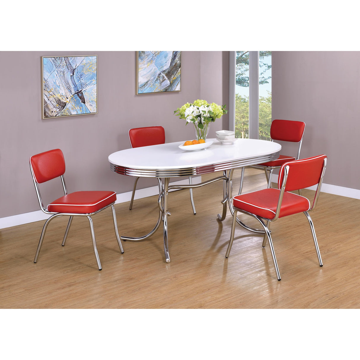  Coaster Furniture Retro 2065 Oval 60-inch Wood Top Dining Table - White and Chrome IMAGE 5