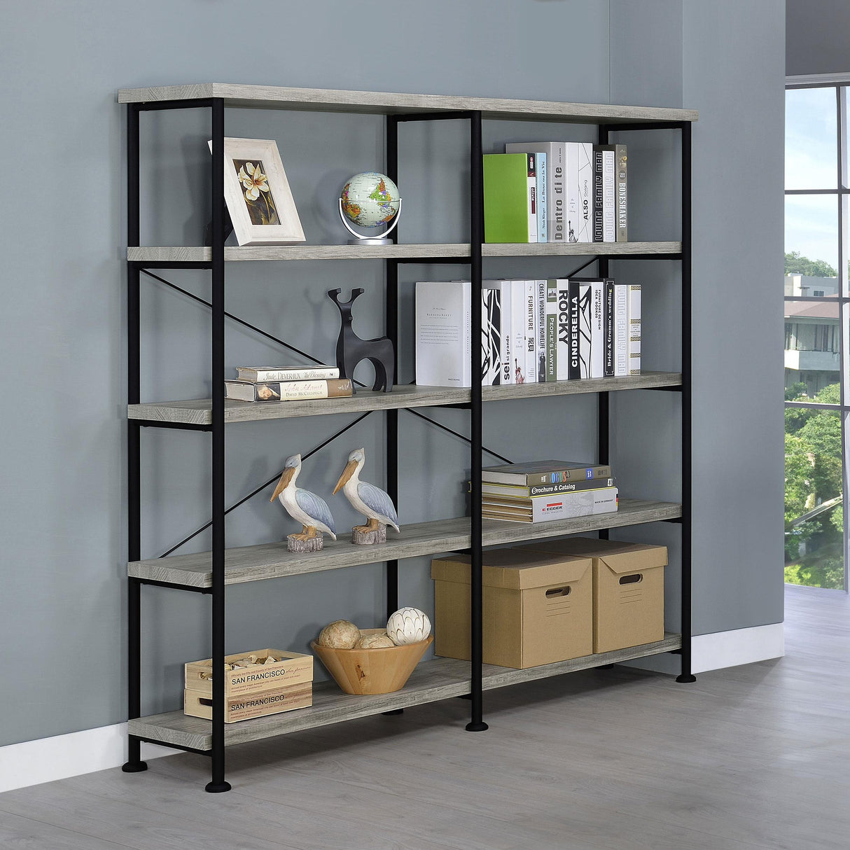  Coaster Furniture Analiese 801544 63-inch 4-shelf Double Bookshelf - Grey Driftwood IMAGE 7