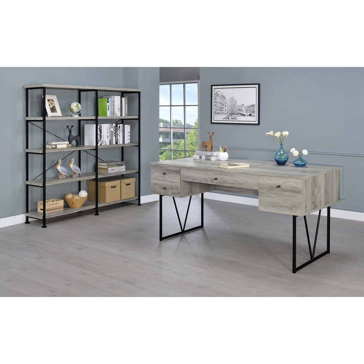  Coaster Furniture Analiese 801544 63-inch 4-shelf Double Bookshelf - Grey Driftwood IMAGE 8