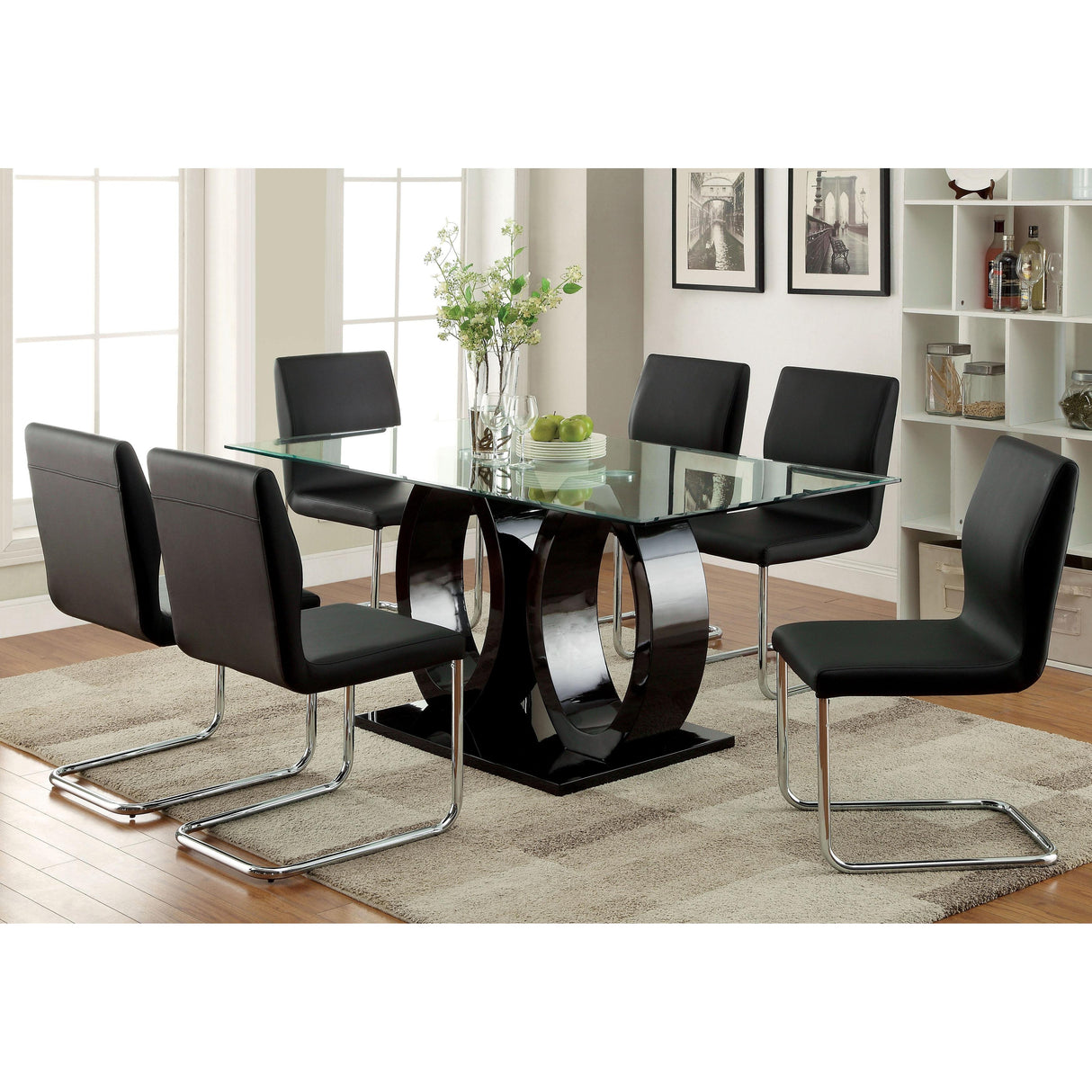  Furniture of America Square Lodia Dining Table with Glass Top and Pedestal Base CM3825BK-T-TABLE IMAGE 3