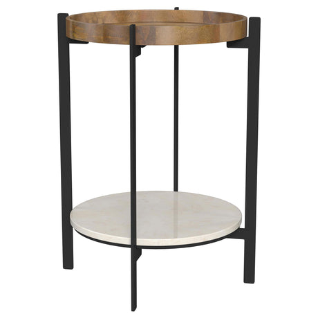  Coaster Furniture Adhvik 931218 Round End Side Table Marble Shelf - Natural and Black IMAGE 1