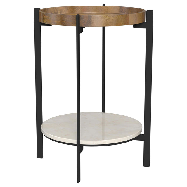  Coaster Furniture Adhvik 931218 Round End Side Table Marble Shelf - Natural and Black IMAGE 1