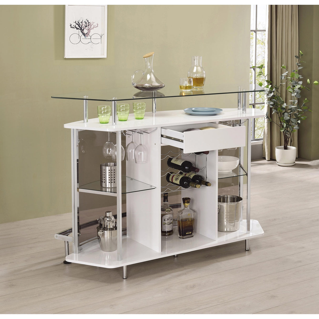  Coaster Furniture Gideon 182235 Curved Glass Top Home Bar Cabinet - White High Gloss IMAGE 5
