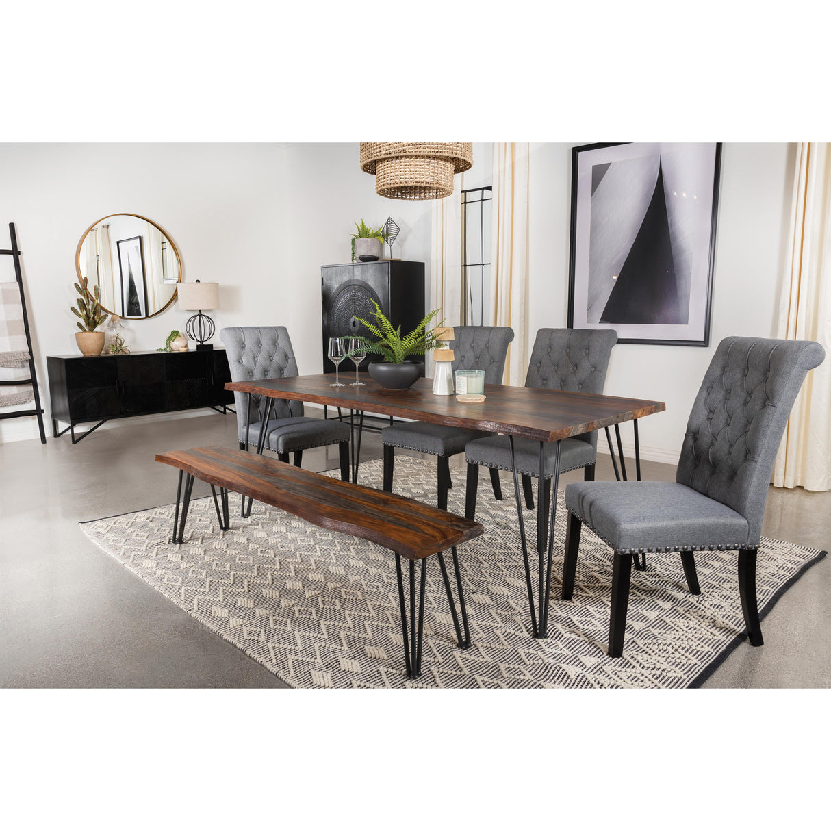  Coaster Furniture Neve 193863 Live Edge Wood Dining Bench Hairpin Legs - Grey Sheesham IMAGE 2