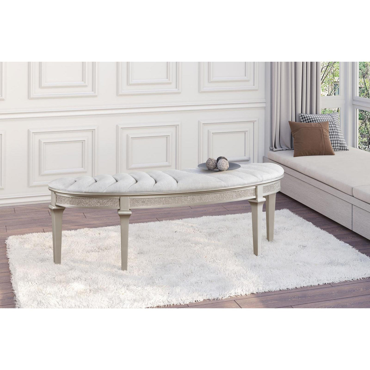  Coaster Furniture Evangeline 223396 Curved Fabric Upholstered Bench - Silver Oak IMAGE 2