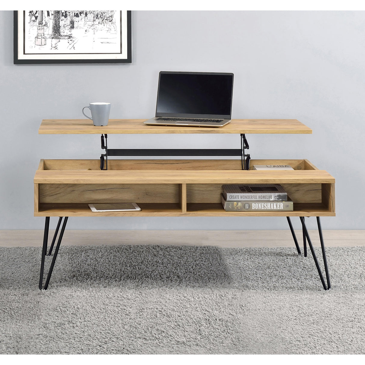  Coaster Furniture Fanning 723368 Engineered Wood Lift Top Coffee Table - Golden Oak IMAGE 3