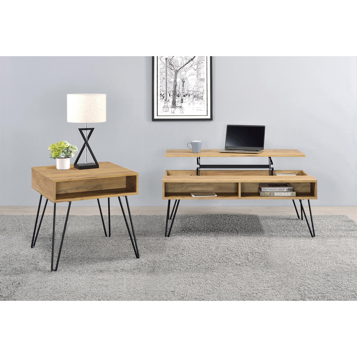  Coaster Furniture Fanning 723368 Engineered Wood Lift Top Coffee Table - Golden Oak IMAGE 4