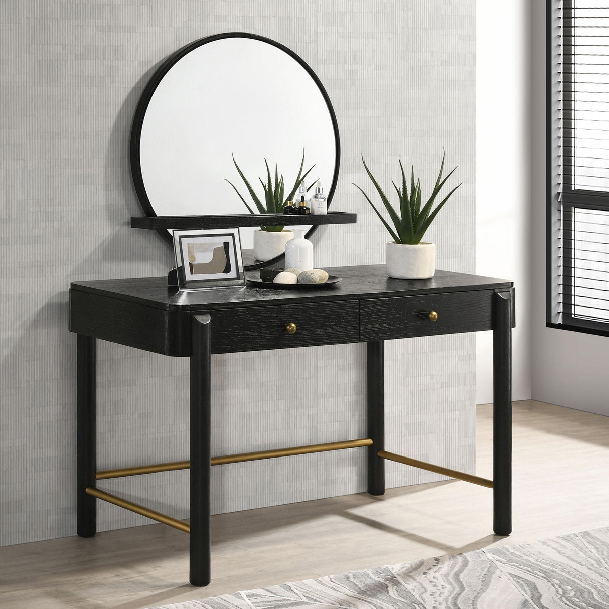  Coaster Furniture Arini 224338 Round Vanity Wall Mirror with Shelf - Black IMAGE 4