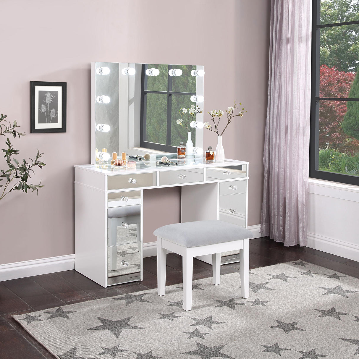  Coaster Furniture Regina 930245 Makeup Vanity Table Set with Lighting - White IMAGE 2