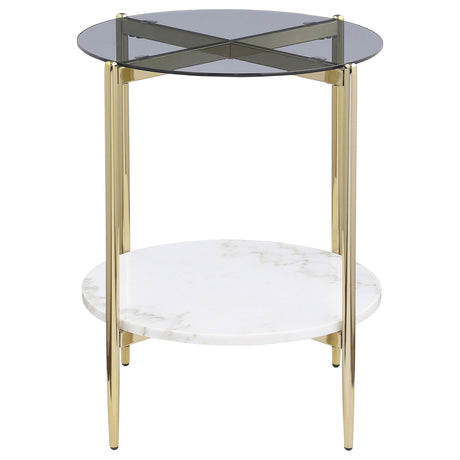 Coaster Furniture Jonelle 710337 Round Glass Top End Table - White Marble Shelf Gold IMAGE 3