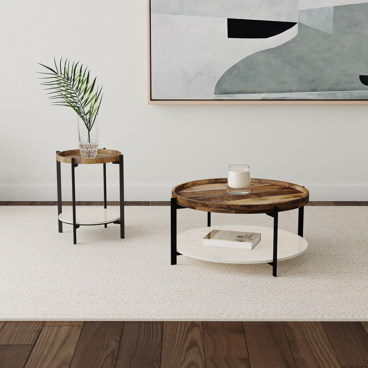  Coaster Furniture Adhvik 721888 Round Wood Top Marble Shelf Coffee Table - Natural IMAGE 5