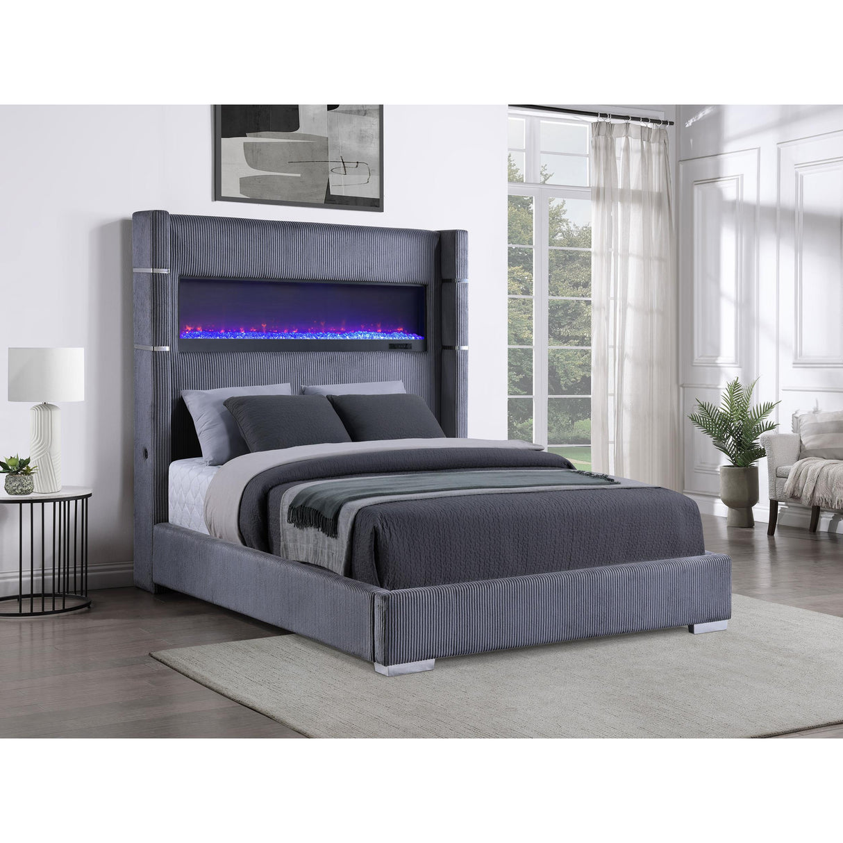  Coaster Furniture Tisdall 306030KW Upholstered Cal King Flame Visualizer Bed - Grey IMAGE 4
