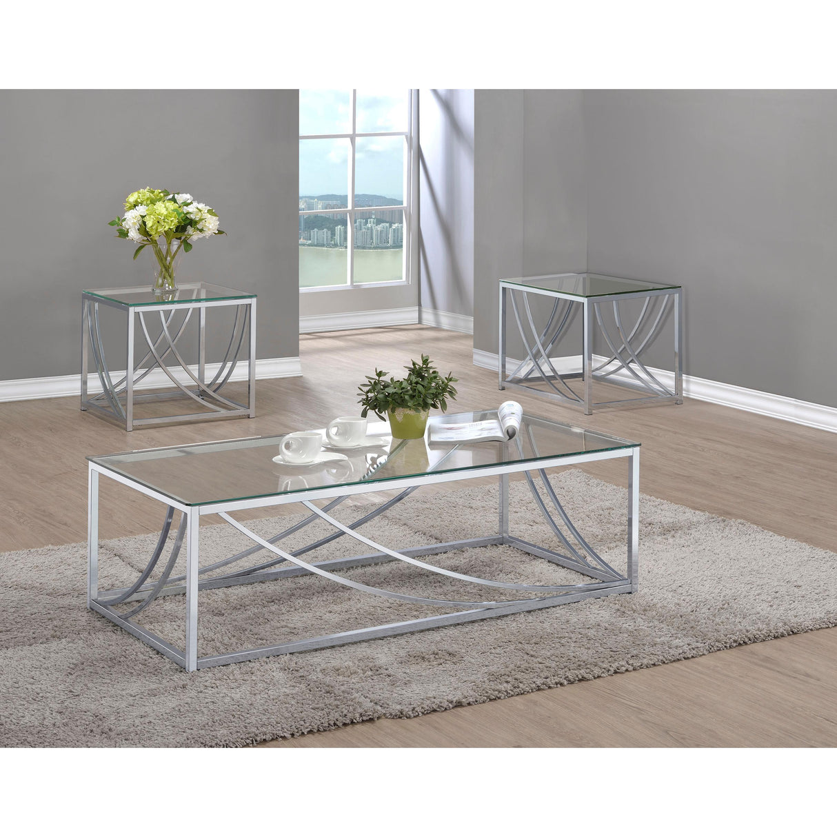  Coaster Furniture Lille 720498-S3 3-piece Glass Top Coffee And End Table Set - Chrome IMAGE 1