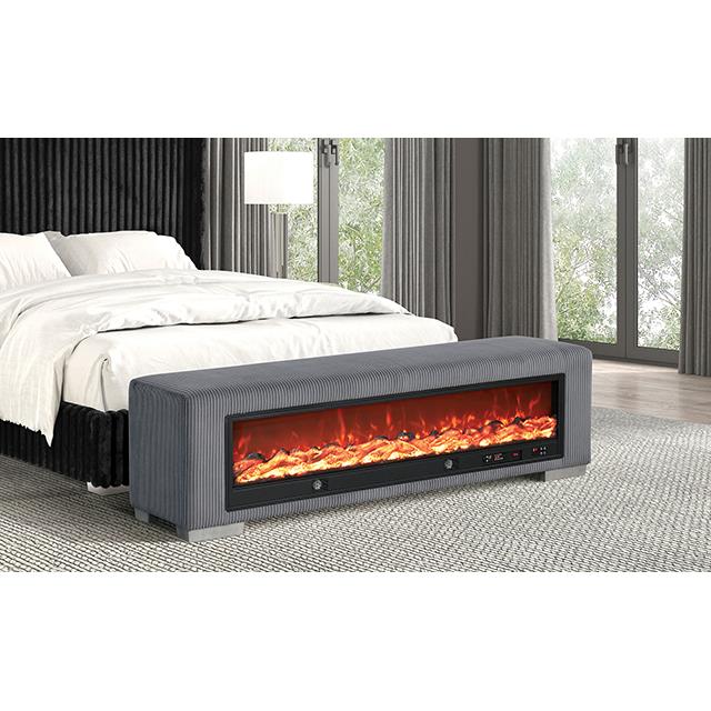  Furniture of America Elnath FM-BN6001GY Bench with Visual Wood Log Fireplace IMAGE 2