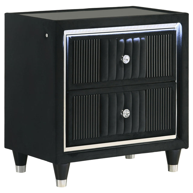  Coaster Furniture Ravenne 223192 2-drawer Velvet Upholstered LED Nightstand with USB - Black IMAGE 1