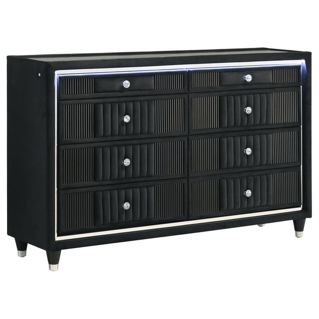  Coaster Furniture Ravenne 223193 8-drawer Velvet Upholstered LED Dresser Cabinet - Black IMAGE 1