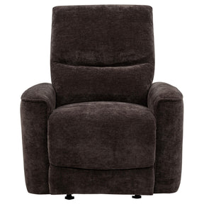  Coaster Furniture Navarro 609573 Chenille Upholstered Glider Recliner - Dark Brown IMAGE 1