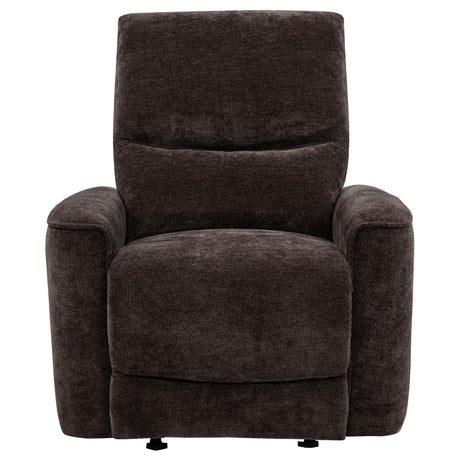  Coaster Furniture Navarro 609573 Chenille Upholstered Glider Recliner - Dark Brown IMAGE 1
