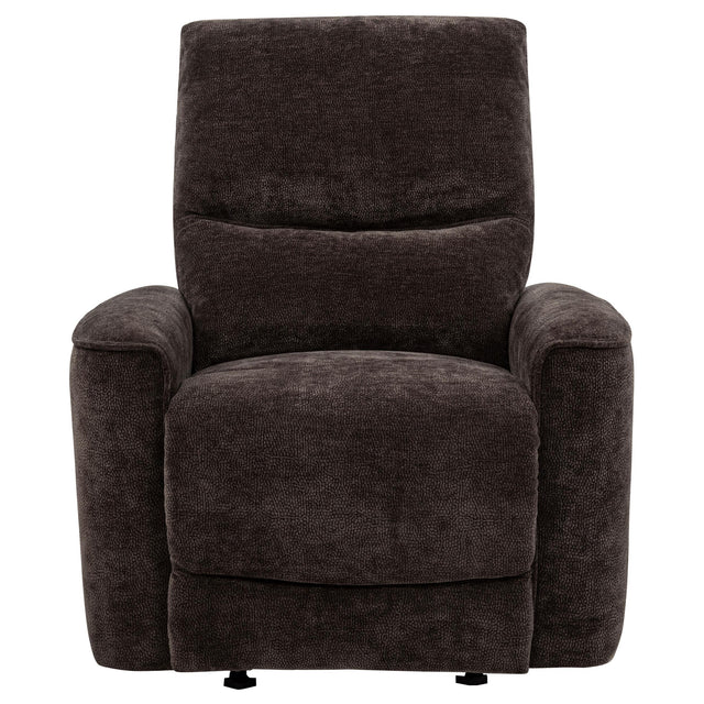  Coaster Furniture Navarro 609573 Chenille Upholstered Glider Recliner - Dark Brown IMAGE 1