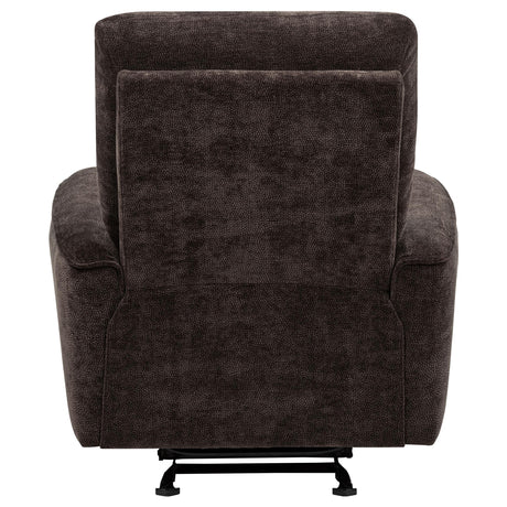  Coaster Furniture Navarro 609573 Chenille Upholstered Glider Recliner - Dark Brown IMAGE 3