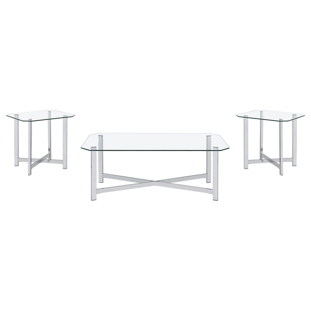  Coaster Furniture Cronin 706568-S3 3-piece Tempered Glass Top Coffee Table Set - Chrome IMAGE 1