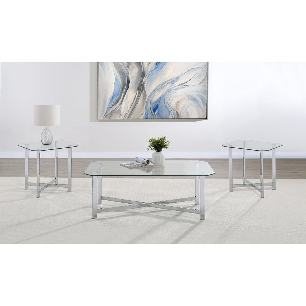  Coaster Furniture Cronin 706568-S3 3-piece Tempered Glass Top Coffee Table Set - Chrome IMAGE 2