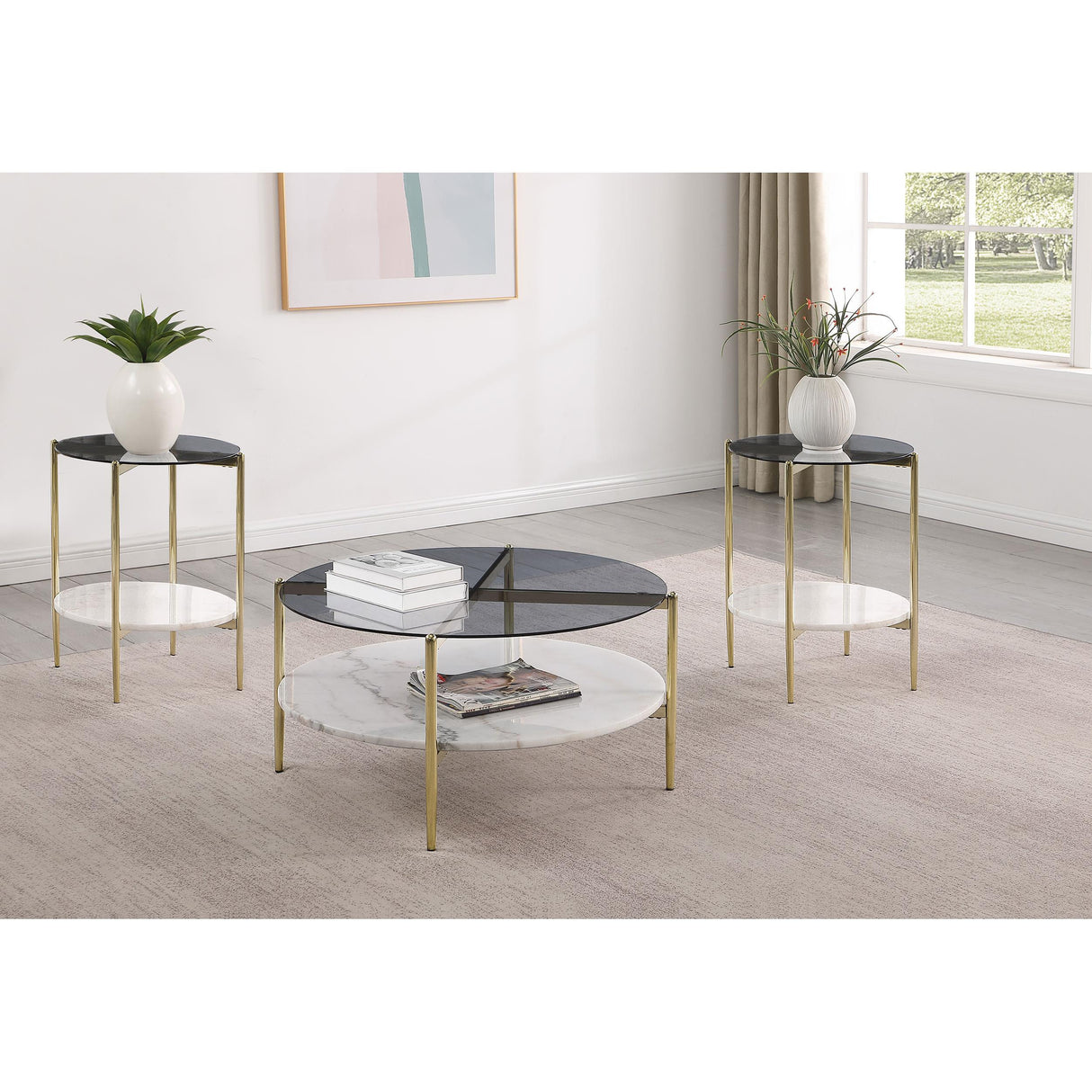  Coaster Furniture Jonelle 710338-S3 3-piece Round Coffee and End Table Set - Gold IMAGE 2