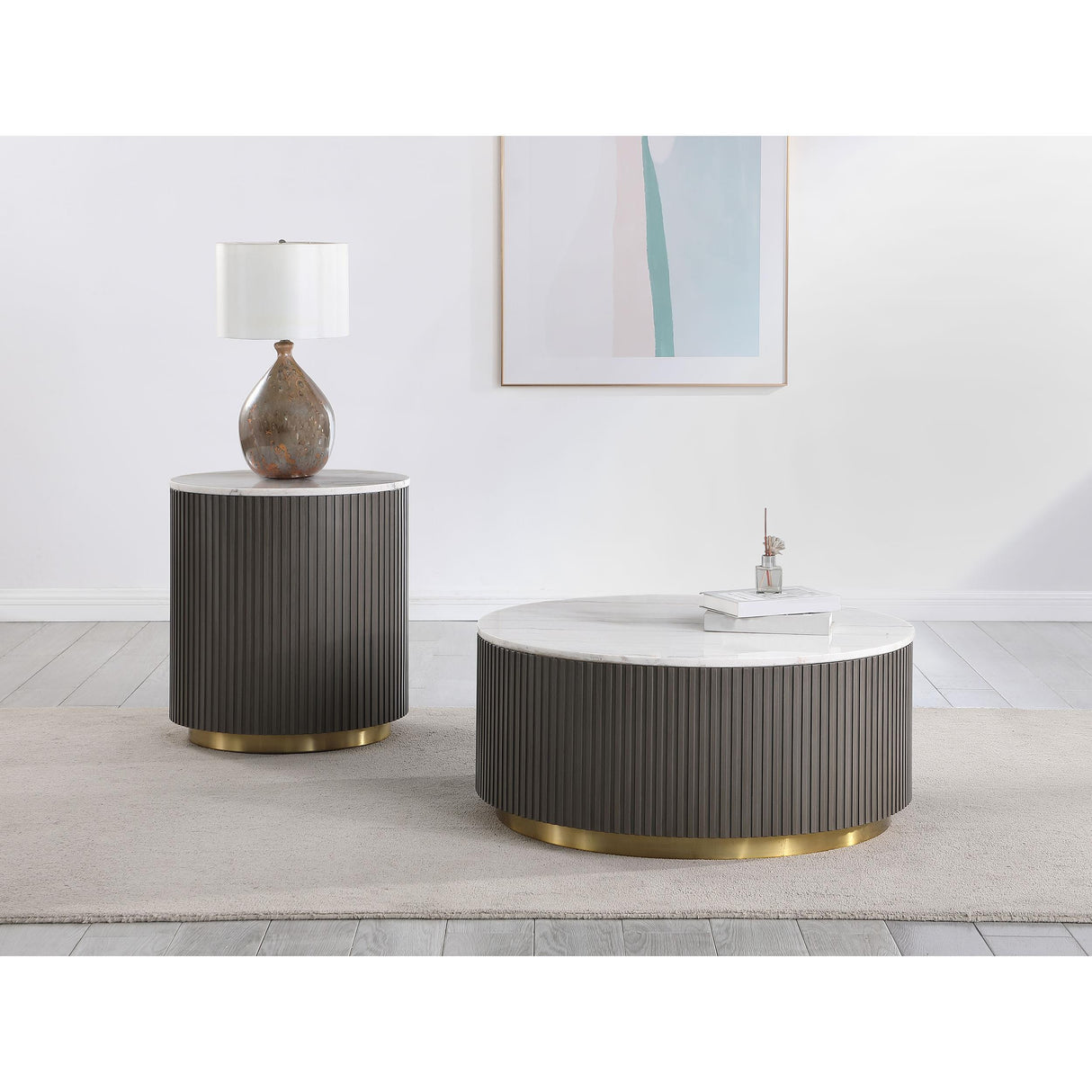  Coaster Furniture Jason 710418-S2 2-piece Round White Marble Coffee Table Set - Charcoal IMAGE 2