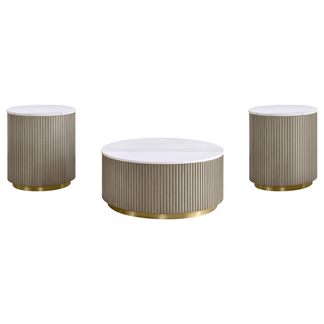  Coaster Furniture Jason 711418-S3 3-piece Round White Marble Coffee Table Set - Greige IMAGE 1