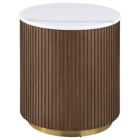  Coaster Furniture Jason 712417 Round White Marble Top End Table - Honey Brown IMAGE 1