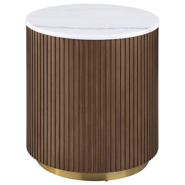  Coaster Furniture Jason 712417 Round White Marble Top End Table - Honey Brown IMAGE 1