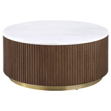  Coaster Furniture Jason 712418 Round White Marble Top Coffee Table - Honey Brown IMAGE 1