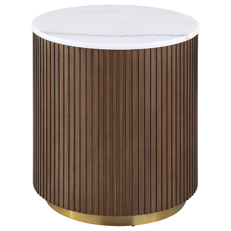  Coaster Furniture Jason 712418-S3 3-piece Round White Marble Coffee Table Set - Honey Brown IMAGE 4