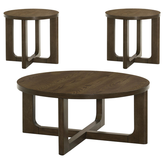  Coaster Furniture Kessler 735998-S3 3-piece Round Sculptural Wood Coffee Table Set - Brown IMAGE 1