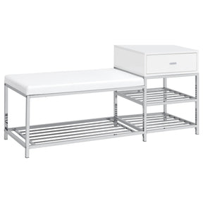  Coaster Furniture Siega 910223 1-Drawer Shoe Storage Entryway Bench - White High Gloss/Chrome IMAGE 1