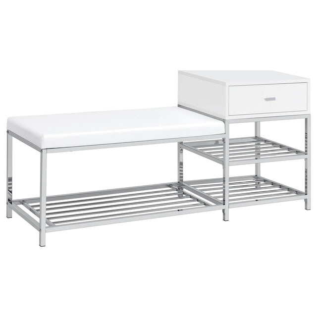  Coaster Furniture Siega 910223 1-Drawer Shoe Storage Entryway Bench - White High Gloss/Chrome IMAGE 1