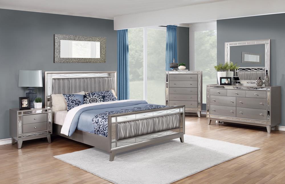 Leighton Eastern King Panel Bed With Mirrored Accents Mercury Metallic