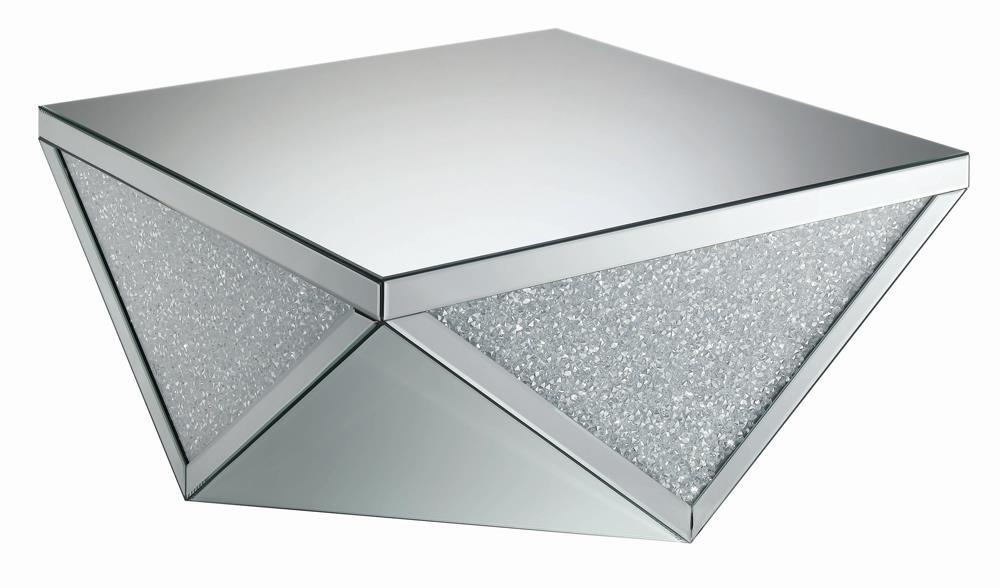 Amore Square Coffee Table With Triangle Detailing Silver And Clear Mirror