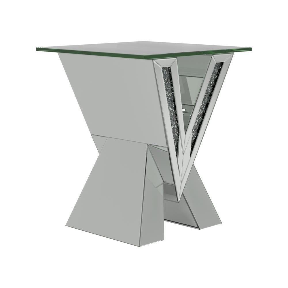 Taffeta V-Shaped End Table With Glass Top Silver