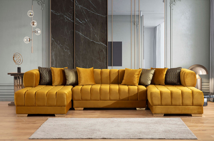 Ariana Velvet Double Chaise Sectional w/ Red Pillows
