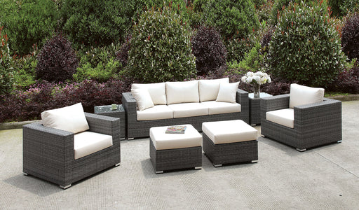 Somani Light Gray Wicker/Ivory Cushion Sofa+2 Chairs+2 End Tables+2 Small Ottomans image